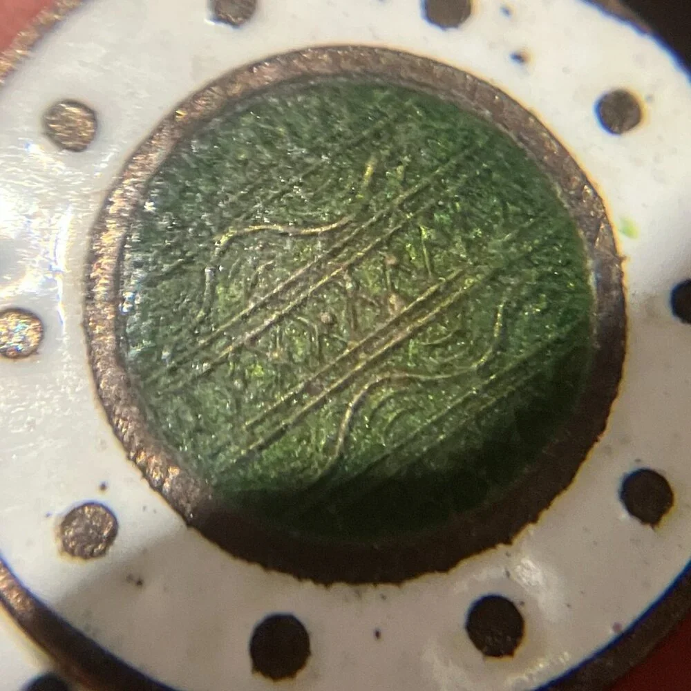 Antique Round White & Green Guilloche Enamel 